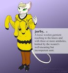 annoyed anthro blonde_hair clothed clothing definition female fully_clothed fur green_eyes hair purple_background simple_background solo sweater text topwear white_body white_fur cybercorn_entropic the_meaning_of_liff cynthia_boggs mammal mouse murid murine rodent 2020 english_text