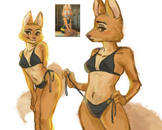 anthro bikini black_bikini black_bikini_bottom black_bikini_top black_clothing black_swimwear breasts clothing collarbone countershade_torso countershading eyebrows female fur midriff orange_arms orange_body orange_countershading orange_ears orange_fingers orange_fur orange_hands orange_legs orange_tail small_breasts solo swimwear tail two-piece_swimsuit malotte dreamworks the_bad_guys diane_foxington canid canine fox mammal hi_res reference_image