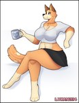 anthro black_border border bottomwear breasts clothing container crossed_legs cup female fur mug multicolored_body simple_background sitting skirt smile solo thick_thighs wide_hips lykan284 bluey_(series) chilli_heeler australian_cattle_dog canid canine canis cattledog domestic_dog herding_dog mammal pastoral_dog digital_media_(artwork) hi_res