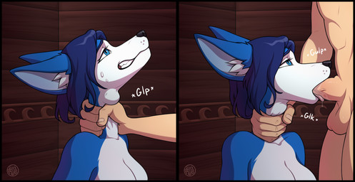5_fingers anthro asphyxiation blue_eyes blue_hair bodily_fluids captured choking cum cum_in_mouth cum_in_throat cum_inside dominant dominant_human dominant_male drinking drinking_cum duo faceless_character faceless_male fellatio female female_focus female_penetrated fingers genital_fluids genitals glk gulp_(sound_effect) hair hand_around_neck human_on_anthro inside interspecies long_neck looking_at_another looking_pleasured male male/female male_human neck_bulge neck_grab nervous nervous_smile nude onomatopoeia oral oral_penetration penetration penile penis penis_in_mouth restrained sex solo_focus sound_effects submissive submissive_female swallowing swallowing_sound_effect sweat text throat_grab tongue tongue_out tongue_out_fellatio rediska600 nintendo star_fox krystal_(star_fox) canid canine fox human mammal 2024 artist_name digital_drawing_(artwork) digital_media_(artwork) hi_res multiple_images watermark