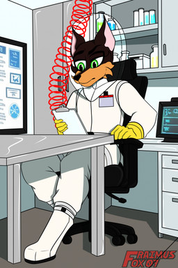 anthro biohazard_suit clipboard hazard_suit laboratory laboratory_equipment male researcher scientific_instrument solo fraimusfox07 sebastian_wolk canid canine canis dobermann domestic_dog mammal pinscher hi_res