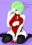 asian_clothing big_breasts blush breasts chinese_clothing chinese_dress cleavage_cutout clothing cutout dialogue dress east_asian_clothing embarrassed female green_hair hair hand_on_ear legwear not_furry open_mouth red_eyes simple_background solo stockings text thick_thighs thigh_highs neo_mecha nintendo pokemon gardevoir generation_3_pokemon pokemon_(species) 2019 absurd_res hi_res signature