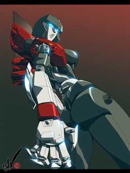 blue_eyes breasts female gradient gradient_background looking_back machine nipples non-mammal_nipples not_furry open_mouth simple_background solo unknown_artist hasbro takara_tomy transformers android humanoid living_machine robot character_request