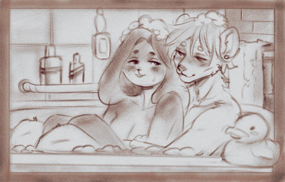 anthro bath bathing bathing_together bathroom bathtub blush breasts cuddling detailed_background duo ear_piercing eye_contact female female/female foam fur hair hug hugging_another hugging_from_behind looking_at_another nude open_mouth piercing romantic romantic_couple rubber_duck shampoo smile soap water wet wanderertamplior aquatic bear mammal pinniped polar_bear seal ursine digital_media_(artwork) hi_res sketch