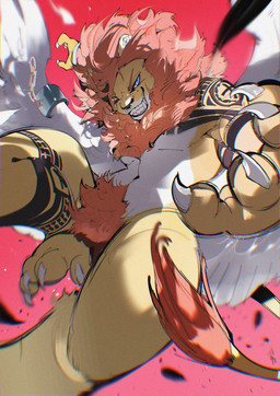 4_fingers 4_toes anthro arm_markings back_wings biped black_markings blue_eyes chained_wings claws closed_smile countershade_face countershade_fur countershade_torso countershading ear_piercing ear_ring eyebrows facial_piercing fangs feathered_wings feathers feet finger_claws fingers foreshortening front_view fur furrowed_eyebrows grey_claws gums heterochromia leg_markings looking_at_viewer loose_feather male mane markings mouth_closed nose_piercing nose_ring nude nude_anthro nude_male orange_eyebrows orange_mane orange_tail_tuft piercing pink_background pose pupils red_eyes ring_piercing ringed_iris shoulder_markings simple_background slit_pupils smile smiling_at_viewer snout solo spread_wings tail tail_tuft teeth toe_claws toes toothy_grin tuft white_body white_countershading white_feathers white_sclera white_wings wings yellow_body yellow_fur chiayeeee felid lion mammal pantherine 2026 chromatic_aberration digital_drawing_(artwork) digital_media_(artwork) full-length_portrait hi_res portrait signature