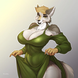 5_fingers abs anthro big_breasts biped breasts brown_hair claws cleavage clothed clothed_anthro clothed_female clothing dress female finger_claws fingers fur green_clothing green_dress grey_body grey_fur hair huge_breasts looking_at_viewer smile solo tail teeth thick_thighs wide_hips froggii manzanita_(moonshinefalling) canid canine canis coyote mammal 1:1 hi_res