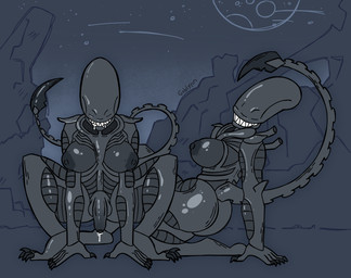 anthro areola balls blotchy_areola bodily_fluids breasts butt claws clenched_teeth crouching dripping drooling duo eyeless female genital_fluids genitals glistening glistening_body glistening_skin gynomorph intersex penis precum precum_drip saliva sharp_teeth sky smile space tail teeth vulva goblynn alien_(franchise) alien humanoid monster monstrous_humanoid xenomorph absurd_res hi_res trans_(lore) trans_woman_(lore)