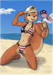 2023 anthro armor beach bikini breasts brown_body brown_fur buckteeth clothing edie_(bomba) exposure_variation female flag flag_(object) flag_bikini fluffy fluffy_tail front_view full-length_portrait fur gesture headgear helmet hi_res holding_flag holding_object jabatan_bomba_dan_penyelamat_malaysia kneeling malaysian malaysian_flag mammal mascot one_eye_closed open_mouth open_smile outside portrait rodent salute sciurid sealer4258 seaside smile solo swimwear tail teeth tree_squirrel