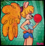 anthro blonde_hair blue_eyes braces butt clothing crop_top dodgeball female hair hand_on_hip midriff ponytail poofy_hair scrunchie shirt side_profile solo topwear ishi krista_blonde bear mammal 2019