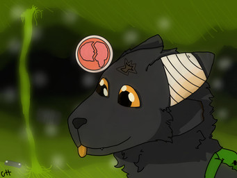 ambiguous_gender anthro bag bandage bandage_on_ears black_body black_fur brain_damage fur orange_eyes scar solo wounded casualties:_unknown canid canine expie_(gunsawian) gunsawian hybrid mammal 4:3 hi_res