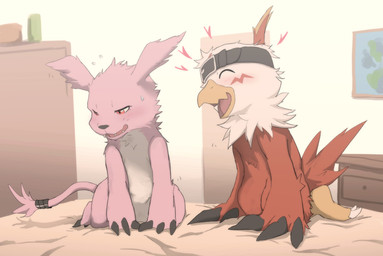 belt black_belt blush bodily_fluids door duo embarrassed eyes_closed fangs feathers feet female fur half-closed_eyes happy inside kneeling_on_bed male male/female narrowed_eyes open_mouth pink_body pink_fur red_feather sweat tail talons teeth text toes white_body white_feathers white_fur ptkd bandai_namco digimon digimon_(species) gazimon hawkmon 2025