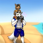 anthro beach blue_eyes carrying_another clothed clothing duo eyewear glasses harmonica male musical_instrument outside piggyback seaside standing walking wind_instrument yellow_eyes young young_anthro young_male trashbadger canid canine canis mammal procyonid raccoon wolf 1:1 digital_media_(artwork) shaded