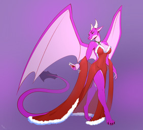 alcohol anthro bare_thighs barefoot beverage breasts clothed clothing container cup drinking_glass feet female glass glass_container glass_cup holidays horn medium_breasts non-mammal_breasts off_shoulder purple_body purple_scales red_clothing scales simple_background solo standing tail wide_hips wine wine_glass wings maryy2323 christmas mythology cassandra_valentine dragon mythological_creature mythological_scalie scalie absurd_res hi_res