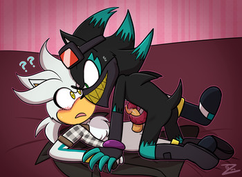 alternate_universe anthro bodily_fluids clothed clothing duo genital_fluids genitals hand_holding lying male male/male on_back partially_clothed rubbing_penis surprised teasing tentadick the_night_club_au zurzure sega sonic_the_hedgehog_(series) mephiles_the_dark silver_the_hedgehog eulipotyphlan hedgehog mammal