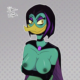 alternative_fashion anthro armwear beak big_breasts black_hair breasts cape choker clothed clothing crossed_arms elbow_gloves eyeliner eyeshadow feathers female fingerless_gloves gem gloves goth green_body green_feathers grin hair handwear highlights_(coloring) jewelry makeup necklace nipples partially_clothed purple_highlights simple_background smile solo yellow_eyes viverna magica_de_spell anatid anseriform avian bird duck 1:1 bust_portrait hi_res portrait