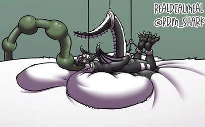 3_toes anthro backpack barefoot bdsm big_moobs black_horn bondage bound claws cuff_(restraint) expansion eyebrows feet fur green_backpack grey_claws hands_behind_back horn hose hose_inflation huge_moobs hyper hyper_inflation hyper_moobs immobile inflation liquid_inflation male moob_expansion moobs nude plantigrade red_eyes restraints rope shackles soles solo submissive submissive_male tail toes water_ballooning water_inflation white_eyebrows wings realdealmeal mythology dragon furred_dragon furred_scalie mythological_creature mythological_scalie reptile scalie hi_res shaded
