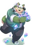 anthro black_nose blush bottomwear clothing electronics fur green_body green_fur headphones humanoid_hands kemono male overweight overweight_male pants simple_background solo white_background ayame42612 lifewonders live_a_hero mokdai canid canine canis domestic_dog mammal 2021 hi_res