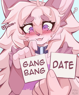 5_fingers anthro arm_tuft black_collar blush blush_lines bodily_fluids card cheek_tuft circle_eyebrows clothed clothed_anthro clothed_female clothing collar cowlick cute_fangs dialogue duo eyebrows eyelashes facial_tuft fangs female fingers first_person_view fur hair holding_card holding_object logo long_hair open_mouth question_mark shoulder_tuft simple_background sweat teeth text tuft mayrin_(artist) mayrin_(character) felid feline human lynx mammal 2025 5:6 absurd_res artist_logo artist_name english_text hi_res meme