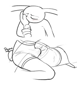 4_fingers anthro aroused blush bulge caressing_face clothing duo faceless_character female fingers grinding larger_male male mouthless pajamas pressed_against size_difference smaller_female throbbing throbbing_bulge wrist_grab frooppysdopys glitch_productions the_amazing_digital_circus jax_(tadc) pomni_(tadc) humanoid lagomorph leporid mammal rabbit hi_res monochrome