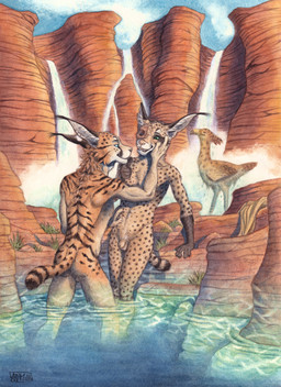 5_fingers anthro arm_support backsack balls biceps biped black_pawpads black_spotted_fur black_text blue_eyes blue_sky butt canon_couple canyon casual_nudity cheek_tuft chest_tuft claws clothing cloud crotch_lines desert detailed_background disability discarded_clothing duo ear_piercing ear_ring ear_tuft eye_contact eye_socket facial_scar facial_tuft fangs feathered_crest feathers finger_claws fingers fur genitals glistening gloves_(marking) grass green_eyes hand_on_partner hand_on_partner's_head hand_under_chin head_crest inner_ear_fluff lgbt_pride long_ears looking_at_another love male male/male male_anthro markings missing_eye multicolored_body multicolored_fur navel neck_muscles neck_tuft nude nude_anthro nude_male oasis open_mouth outdoor_nudity outside partially_submerged pawpads penis piercing pink_nose plant poolside reflection ring_piercing river rock romantic romantic_couple scar short_tail sky slim_anthro slim_male smile snout snout_scar social_nudity soft_abs spots spotted_arms spotted_body spotted_butt spotted_face spotted_feathers spotted_fur spotted_legs spotted_markings spotted_tail striped_back striped_body striped_cheeks striped_fur striped_markings striped_tail stripes swimming_pool tail tail_markings tan_body tan_fur teeth teeth_showing text tongue tribal tuft ventral_groove water water_drop water_reflection waterfall white_inner_ear_fluff year 0laffson azad_(0laffson) nur_(0laffson) tara_(0laffson) avian bird caracal caracal_(genus) cariamiform felid feline lynx mammal prehistoric_species terror_bird 2025 colored hi_res painting_(artwork) shaded signature traditional_media_(artwork) watercolor_(artwork)