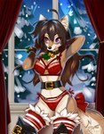 anthro belt bra breasts choker christmas_clothing clothed clothing collar eyebrows eyelashes female holidays jewelry legwear lingerie necklace purple_eyes purple_sclera smile solo thigh_highs underwear dragonfu christmas gillian canid canine fox mammal 2021 digital_media_(artwork) hi_res