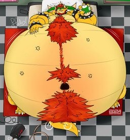 anthro beard bed belly belly_hair belly_inflation big_belly bodily_fluids body_hair body_inflation chest_hair close_to_bursting facial_hair furniture hair happy_trail huge_belly hyper hyper_belly implied_popping inflation lying male muscular muscular_arms muscular_male navel on_back red_hair solo sweat yellow_body b12a mario_bros nintendo bowser dragon_koopa koopa reptile scalie turtle hi_res