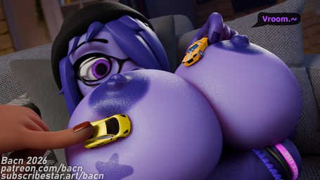 ambiguous_gender anthro areola big_breasts bracelet breast_squish breasts clothed clothing detailed_background dialogue duo eyewear female female/ambiguous furniture glasses hair hat headgear headwear huge_breasts jewelry markings nipples partially_clothed playful playing purple_hair speech_bubble squish star_(marking) text toy toy_car bacn bacn_(character) lagomorph leporid mammal rabbit 16:9 2026 3d_(artwork) 4k absurd_res blender_(artwork) blender_cycles_(artwork) digital_media_(artwork) english_description english_text hi_res url widescreen