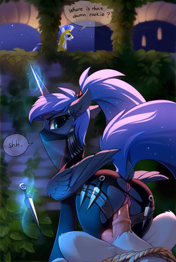 animal_genitalia animal_penis anus armor balls butt clothing dialogue dock_(anatomy) dominant dominant_female equine_genitalia equine_penis faceless_character faceless_male feathered_wings feathers female feral fur genitals group hair headgear helmet horn knife kunai looking_at_viewer looking_back male male/female male_penetrating medial_ring melee_weapon penetration penis ponytail rope sex shush smile solo_focus stealth_sex tail text torn_clothing vulva weapon wings tomatocoup friendship_is_magic hasbro my_little_pony mythology princess_luna_(mlp) royal_guard_(mlp) equid equine mammal mythological_creature mythological_equine winged_unicorn 2018 absurd_res digital_media_(artwork) english_text hi_res
