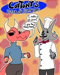 anthro chef chef_hat clothed clothing dialogue duo facial_hair fake_advertisement female fully_clothed fur gesture grey_body grey_fur hand_gesture hat headgear headwear horn humor italian_accent italian_stereotypes male mustache pinched_fingers pixelated pointing pointing_at_viewer red_body red_scales scales smile sweater topwear turtleneck burgerpocalypse canid canine canis coyote kobold mammal 4:5 hi_res