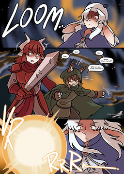 animal_ears brown_hair clawed_hands clothed clothing gem green_eyes hair horn male melee_weapon outside red_eyes red_gem red_hair sword text weapon white_hair shriekingmagpie horned_humanoid humanoid comic english_text hi_res