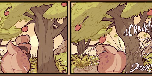anthro apple big_butt border bottomless brown_body butt butt_slam clothed clothing crop_top exclamation_point female food fruit gloves handwear horn huge_butt onomatopoeia orange_border plant shirt shortstack shortstack_female solo sound_effects tail text topwear tree iaredumbo piko_(simplifypm) kobold scalie 2023 digital_media_(artwork) english_text hi_res