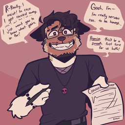 anthro beard biped black_beard black_clothing black_facial_hair black_hair black_shirt black_topwear bodily_fluids brown_body brown_fur clothing consent_themes dominant dominant_anthro dominant_male eyewear facial_hair fur glasses hair male pink_eyes shirt solo sweat sweatdrop text topwear wearing_glasses melaisen bau_(melaisen) canid canine canis mammal wolf 1:1 2025 english_text hi_res