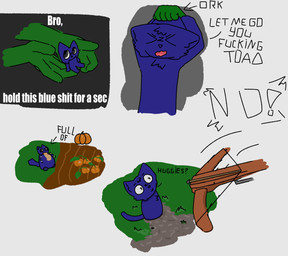 anthro blue_body blue_fur crossbow crossbow_bolt duo food fruit fur grass male plant profanity pumpkin ranged_weapon text weapon wdaf sylas_(wdaf) felid feline mammal orc english_text hi_res image_macro meme sketch_page