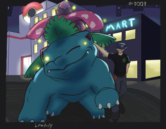 claws clothing eyes_closed fangs feral happy hat headgear headwear night petting plant pokemon_center scritches shirt simple_background t-shirt teeth topwear lowpoly_(artist) mario_bros nintendo pokemon waluigi generation_1_pokemon human mammal pokemon_(species) venusaur hi_res shaded