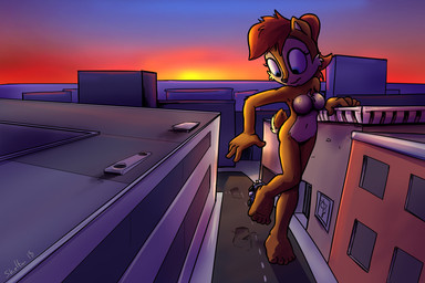 anthro biped blue_eyes breasts building car city destruction featureless_breasts female female_anthro macro macro_anthro macro_female navel nude scut_tail short_tail solo stomping sunset tail vehicle shieltar archie_comics sega sonic_the_hedgehog_(archie) sonic_the_hedgehog_(comics) sonic_the_hedgehog_(series) sally_acorn chipmunk ground_squirrel mammal rodent sciurid 2018 colored