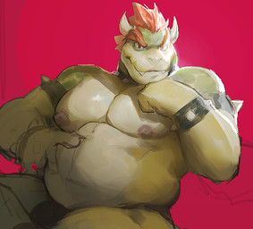 anthro areola barazoku black_clothing black_underwear bulge clothed clothing fingers front_view green_body hair hand_under_chin horn humanoid_hands looking_at_viewer male musclegut muscular muscular_anthro muscular_arms muscular_male nipples non-mammal_nipples overweight overweight_anthro overweight_male pecs pose red_background red_hair short_hair simple_background sitting smile solo tan_body topless topless_anthro topless_male underwear yellow_body dry_skeleton mario_bros nintendo bowser koopa scalie colored pinup shaded sketch
