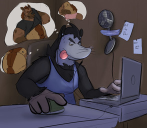 anthro belly big_belly black_body brown_body clothed clothing clothing_lift computer electric_fan electronics humanoid_hands male moobs nipples overweight overweight_male shirt shirt_lift sitting solo tongue tongue_out topwear underwear dippubear crew_(dippubear) parker_pierce american_opossum hyena mammal marsupial spotted_hyena 2022 hi_res