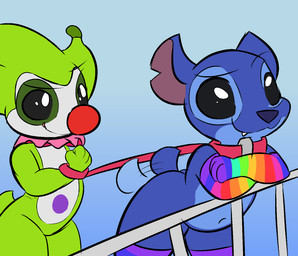 4_fingers anthro bdsm black_eyes blue_body blue_nose clothing clown collar duo fingers footwear green_body leash legwear male male/male multicolored_clothing multicolored_footwear multicolored_socks petplay railing rainbow_clothing rainbow_footwear rainbow_socks red_nose roleplay socks stockings tail tail_motion tailwag white_body sleepyly disney lilo_and_stitch elastico stitch_(lilo_and_stitch) alien experiment_(lilo_and_stitch) mammal hi_res