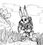 2017 3_toes 4_fingers ambiguous_gender anthro belt black_and_white bodily_fluids buckteeth clothed clothing cloud disney fan_character feet fingers fur grass labjer lagomorph leporid low_res mammal monochrome plant rabbit solo sweat teeth toes traditional_media_(artwork) tree unavailable_at_source weapon zootopia