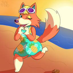 anthro beach blonde_hair blue_eyes breasts clothed clothed_anthro clothed_female clothing dress eyewear feet female fingers front_view fur gesture hair heart_gesture humanoid_hands looking_at_viewer medium_breasts narrowed_eyes one_eye_closed open_mouth open_smile orange_body orange_fur outside pose sand seashell shell short_hair sky smile solo standing sunglasses sunset tail tan_body tan_fur text toes water alwinmeistro animal_crossing nintendo audie_(animal_crossing) canid canine canis mammal wolf 1:1 absurd_res artist_name colored full-length_portrait hi_res portrait shaded