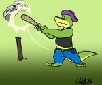 3_toes 4_fingers anthro baseball_bat bat_(object) biped bottomwear clothing eyes_closed feet fingers green_body hat headgear headwear mailbox pants shirt solo toes topwear sobieniak brok_the_investigator cowcat_games brok_(brok_the_investigator) alligator alligatorid crocodilian reptile scalie 2021 hi_res