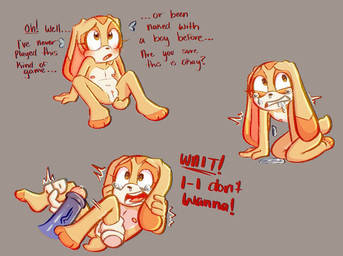 anthro blush bodily_fluids disembodied_penis duo erection explicitly_stated_nonconsent female flat_chested forced foreskin genitals humanoid_genitalia humanoid_penis imminent_rape imminent_sex male nipples open_mouth penis rape sex simple_background sitting spread_legs spreading tail tears text vulva young young_anthro young_female charmingbeep sega sonic_the_hedgehog_(series) cream_the_rabbit lagomorph leporid mammal rabbit english_text hi_res