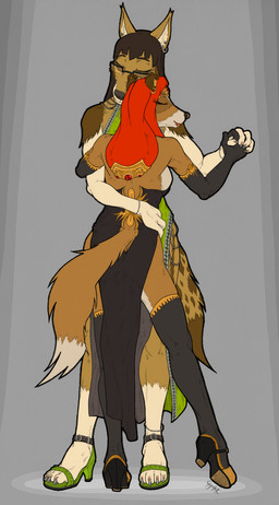 4_toes 5_fingers anthro armwear black_hair black_nose breasts brown_body brown_fur clothed clothed_anthro clothed_female clothing dancing dress duo elbow_gloves eyewear feet female female/female fingers footwear fur glasses gloves hair handwear headgear headwear high_heeled_sandals high_heels hindpaw humanoid_hands legwear paws sandals shoes stockings tan_body tan_fur toes wearing_glasses coyotek constance_jotkowska_(coyotek) ksi_(coyotek) canid canine canis collie coyote domestic_dog herding_dog mammal pastoral_dog sheepdog hi_res