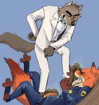 3_toes anthro blue_background bodily_fluids body_worship bottomwear brown_body brown_fur clothing cum dirty dirty_feet dominant dominant_anthro dominant_male duo ejaculation eyes_closed fangs feet foot_fetish foot_on_face foot_on_penis foot_play foot_sniffing fur genital_fluids genitals grin humanoid_genitalia humanoid_penis male male/male musk_worship musky_feet open_mouth orange_body orange_fur pants penis police police_uniform red_body red_fur shirt simple_background smelly smelly_feet smile sniffing standing stink_fumes submissive submissive_anthro submissive_male suit_jacket sweat sweaty_feet teeth toes tongue tongue_out topwear uniform taro_anderson disney dreamworks the_bad_guys zootopia mr._wolf_(the_bad_guys) nick_wilde canid canine canis fox mammal wolf hi_res