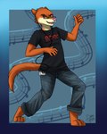 abstract_background ac/dc anthro black_clothing black_shirt black_t-shirt black_topwear blue_eyes bottomwear catsel_(character) clothing fur grey_bottomwear grey_clothing grey_pants hi_res looking_at_viewer male mammal mustelid musteline narrowed_eyes open_mouth orange_body orange_fur pants shirt solo standing t-shirt tiggybloom topwear true_musteline weasel yellow_body yellow_fur