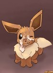 ambiguous_gender bodily_fluids brown_body brown_fur chest_tuft cum cum_on_face feral fluffy fluffy_tail fur genital_fluids looking_at_viewer looking_up one_eye_closed sitting smile solo tail tuft catjam_(artist) nintendo pokemon eevee generation_1_pokemon pokemon_(species)