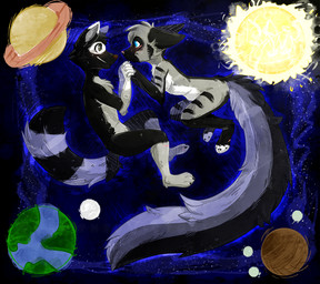 anthro black_body black_fur breasts cosmic_background duo earth_(planet) eye_contact female floating fur grey_body grey_fur hand_holding long_tail looking_at_another male male/female markings moon nude plantigrade ring_(marking) ringed_tail saturn_(planet) smile smiling_at_another smiling_at_each_other space space_background striped_markings striped_tail stripes tail tail_markings crownedvictory d3_(darkslayer666) fuhrer_(zotz) canid canine canis domestic_dog hybrid mammal procyonid raccoon 2015 digital_drawing_(artwork) digital_media_(artwork) shaded