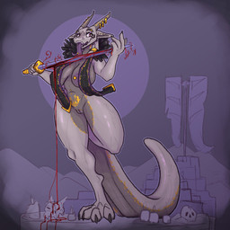 accessory anthro big_breasts big_tail blood blood_drip blood_magic blood_on_hand blood_trail bodily_fluids bone breasts candle claws clitoral_hood clitoris clitoris_piercing clothing cultist desert dripping ear_piercing eyebrow_piercing facial_piercing feathers female flag forked_tongue furgonomics furry-specific_piercing genital_piercing genitals gold_(metal) gold_jewelry grey_body hair_accessory hair_ring horn horn_markings horn_piercing ineffective_clothing jewelry licking_blood markings melee_weapon nipple_piercing nipple_slip nipples piercing pseudo_hair red_eyes ruins runes scale_markings scales skull solo standing stole_(clothing) sword tail tentacle_hair tentacles thick_thighs thorns tongue tongue_out tongue_piercing vulva weapon wide_hips wielding_weapon zap_redfield dungeons_and_dragons hasbro mythology wizards_of_the_coast sabrina_(zap_redfield) dragon dragonborn_(dnd) mythological_creature mythological_scalie scalie 1:1 hi_res