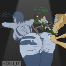 ai_(halo) anthro anus artificial_intelligence blue_body blue_hair blue_skin breasts butt dialogue faceless_character faceless_human faceless_male female female_focus genitals group hair hand_on_butt human_focus male male_anthro rasult-fy sitting tattoo text under_boob vulva welding halo_(series) microsoft xbox_game_studios cortana_(halo) master_chief alien human kig-yar mammal ruuhtian scalie 1:1 absurd_res colored hi_res spanish_text