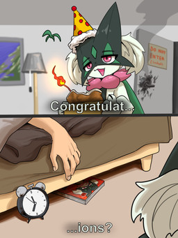 alarm_clock ambiguous_gender analog_clock anthro bed blush broken_door cake candle caught clock clothing dessert dialogue door door_handle doorknob doujinshi_(object) duo fire food fur furniture green_body green_fur hat headgear headwear lamp male party_hat pink_eyes question_mark smoke text tongue tongue_out hb_(artist) nintendo pokemon generation_9_pokemon human humanoid mammal meowscarada pokemon_(species) 2025 3:4 absurd_res digital_media_(artwork) english_text hi_res